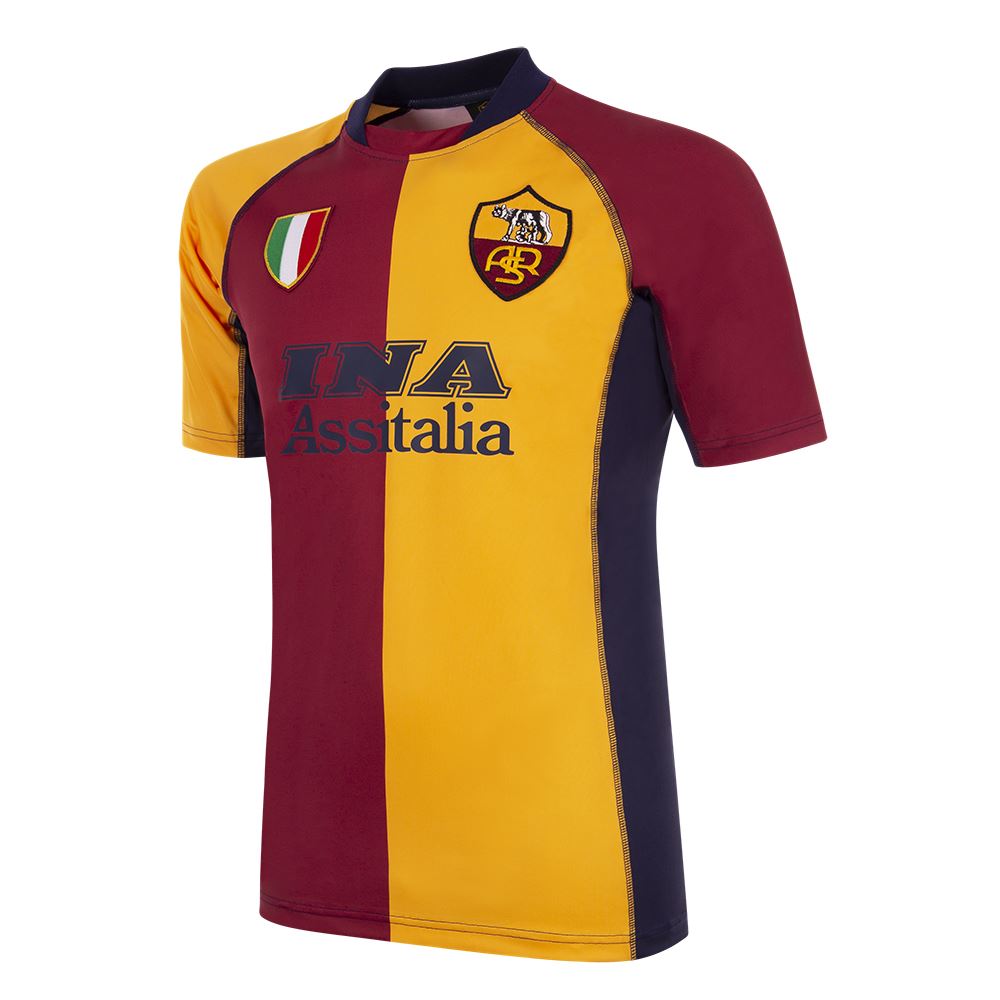 Camiseta AS Roma Retro 2001/2002 vista sobre fondo blanco