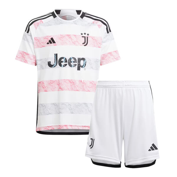 Camiseta + short Juventus visitante niño 2023/2024 vista sobre fondo blanco