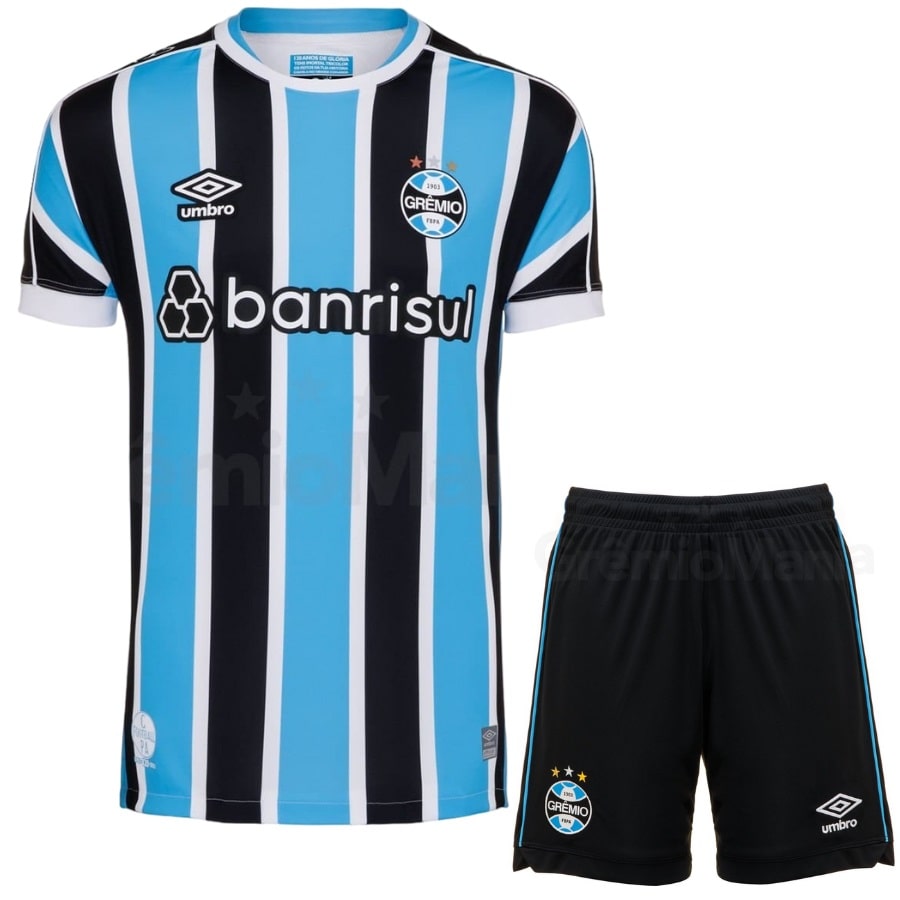 Camiseta + short Gremio local 2023/2024 - NIÑOS vista sobre fondo blanco