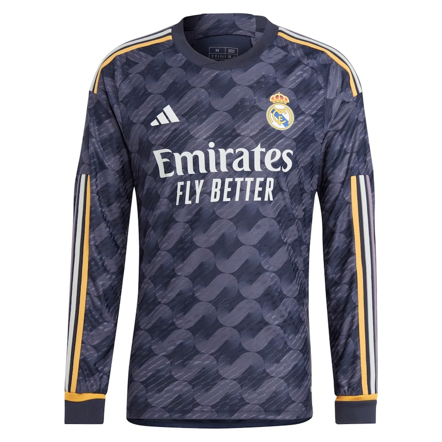 Camiseta Real Madrid alternativa manga larga 2023/2024 vista sobre fondo blanco