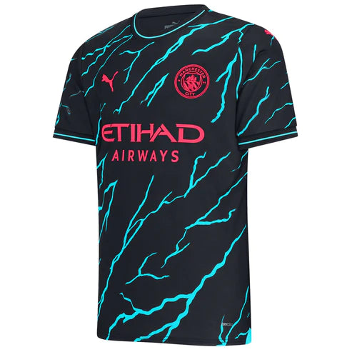 Camiseta Manchester city tercera 2023/2024 vista sobre fondo blanco