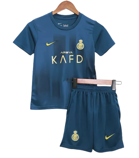 Camiseta + short Al-Nassr alternativo niño 2023/2024 vista sobre fondo blanco
