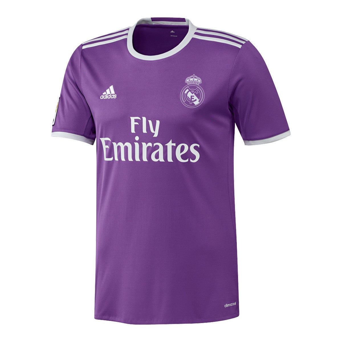 Camiseta Real Madrid visitante Retro 2015 vista sobre fondo blanco