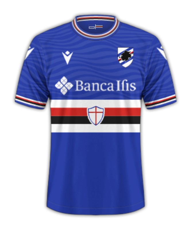 Camiseta Sampdoria local 2023/2024 vista sobre fondo blanco