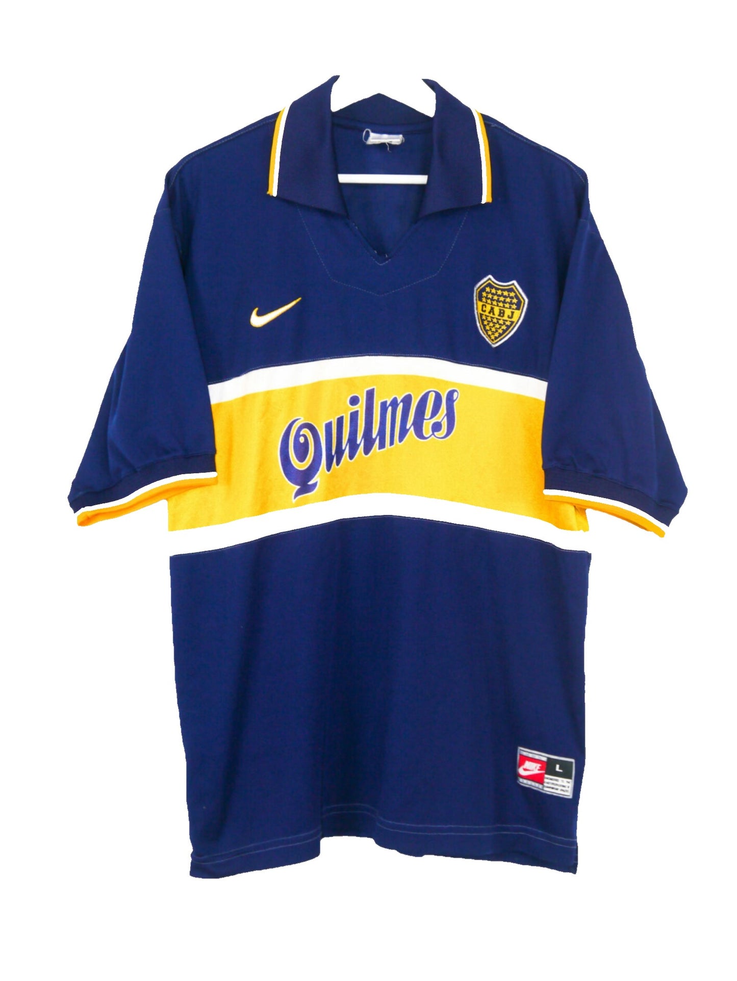 Camiseta Boca local retro 1996 vista sobre fondo blanco
