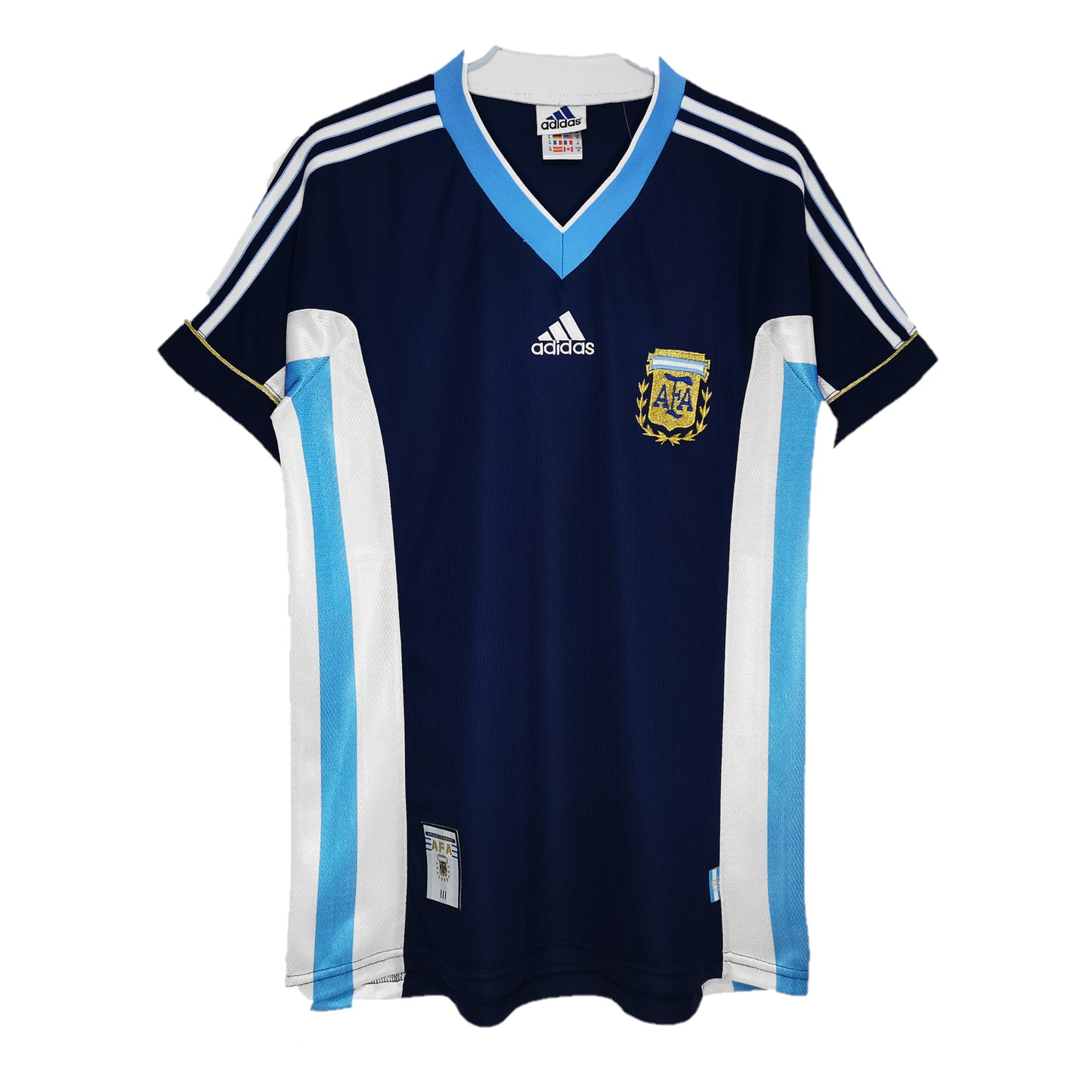 Camiseta Argentina visitante Retro 1998 vista sobre fondo blanco