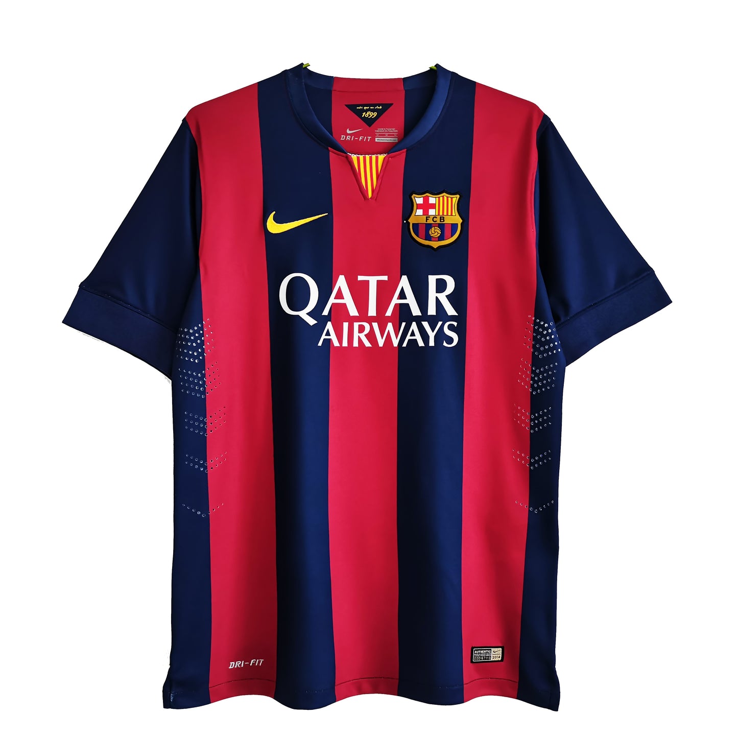 Camiseta Barcelona Retro 2014-2015 vista sobre fondo blanco