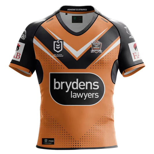 Camiseta Rugby Wests Tigers alternativa 2024 vista sobre fondo blanco