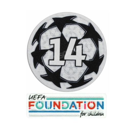 Logo UEFA Champions League 14 + UEFA Foundation vista sobre fondo blanco