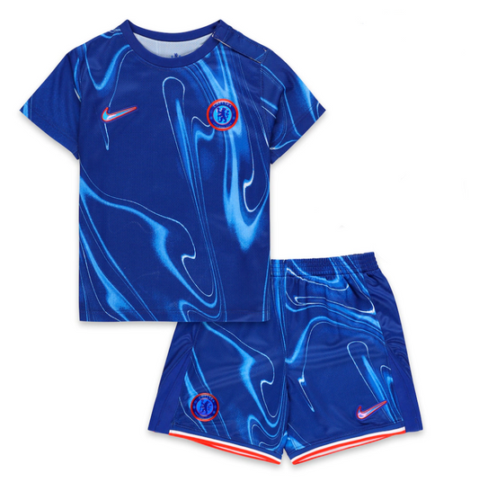 Camiseta + Short Chelsea local 2024/2025 - NIÑOS vista sobre fondo blanco