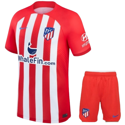 Camiseta + short Atletico Madrid local 2023/2024 - NIÑOS vista sobre fondo blanco