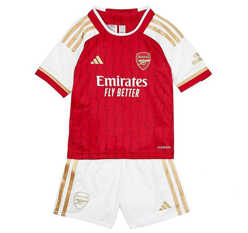 Camiseta + short Arsenal local niño 2023/2024 vista sobre fondo blanco