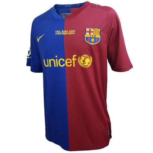 Camiseta Barcelona Retro 2008/2009 - Final Roma + Parche Champions vista sobre fondo blanco