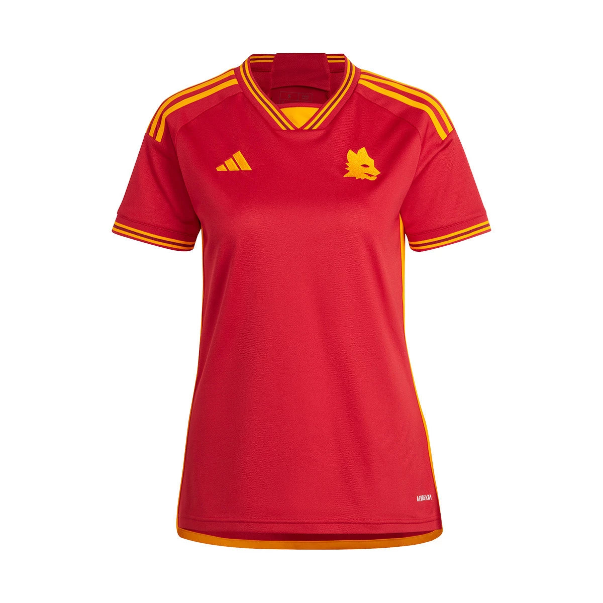 Camiseta AS Roma local 2023/2024 - Mujer vista sobre fondo blanco