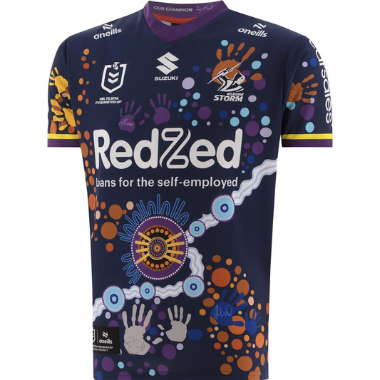 Camiseta Rugby Melbourne Storm - Ed. Indigenous 2024 vista sobre fondo blanco