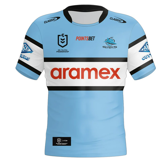 Camiseta Rugby Cronulla-Sutherland Sharks local 2024 vista sobre fondo blanco