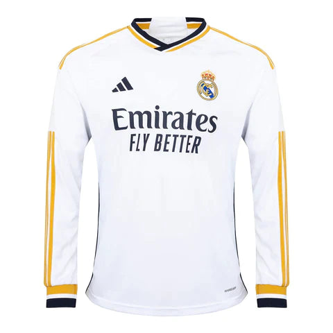 Camiseta Real Madrid local manga larga 2023/2024 vista sobre fondo blanco