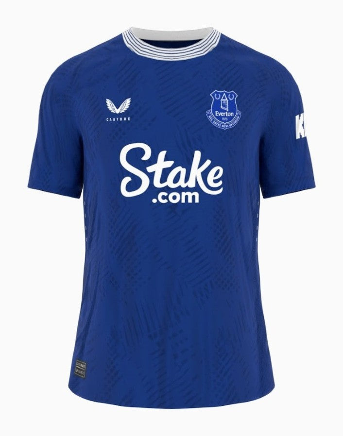 Camiseta Everton local 2024/2025 vista sobre fondo blanco