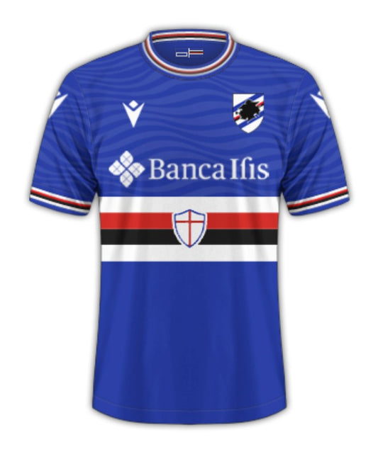 Camiseta Sampdoria local 2023/2024 vista sobre fondo blanco