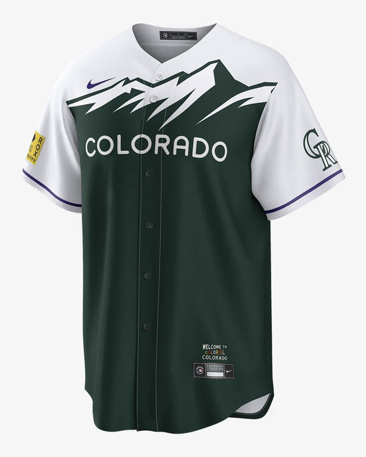 Camiseta Colorado Rockies local vista sobre fondo blanco